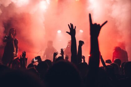 Silhouettierte Menge mit erhobenen Händen im roten Nebel vor DJ bei einem